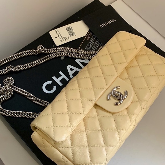 💛CHANEL Butter Yellow Bone Ivory East West Bijoux Silver Chain Quilted Flap Bag - Picture 16 of 16